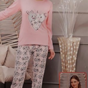 Női pamut pizsama cicás mintával